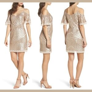 NWT Vince Camuto Sequin Cold Shoulder Dress in Champagne [SZ‎ 10 ]
